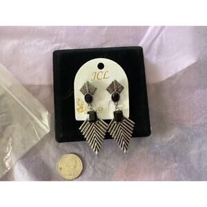 4120 NIP JCL Vintage 80's Silver Tone Gothic Black Glass Art Deco Drop Earrings